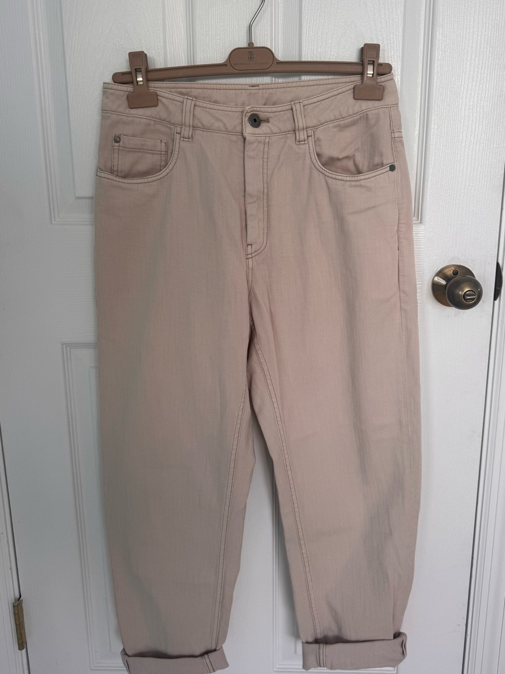 Brunello Cucinelli The Baggy Jean Tapered Leg Beige Cotton Jeans Sz 42 US 6